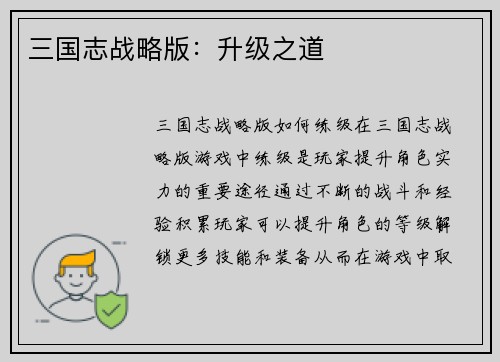 三国志战略版：升级之道